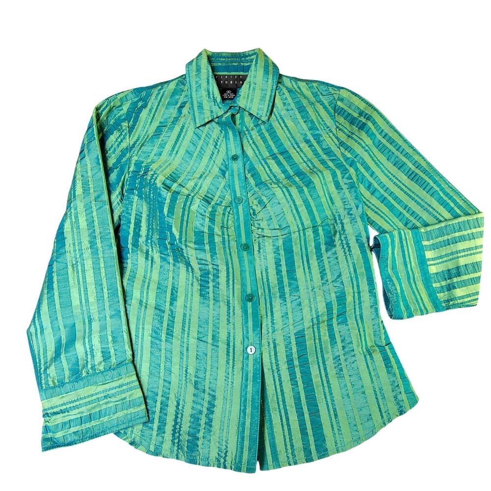 Vtg Finity Studio 100% Silk Pleated Medium (6) Green Crinkle Striped Button Up